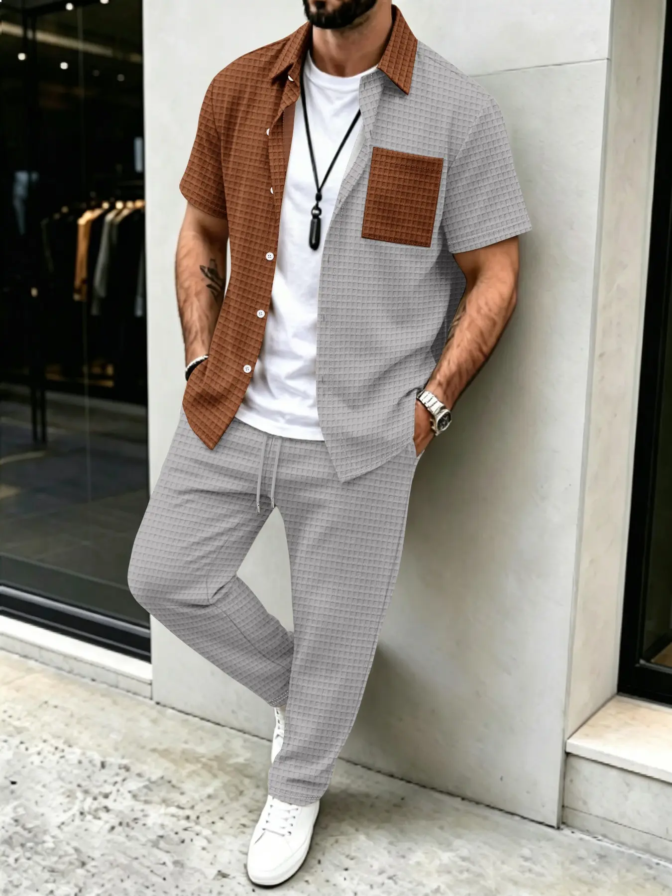 Men'S Fashion Everyday - 남성용 솔리드 와플 패턴 캐주얼, 컬러