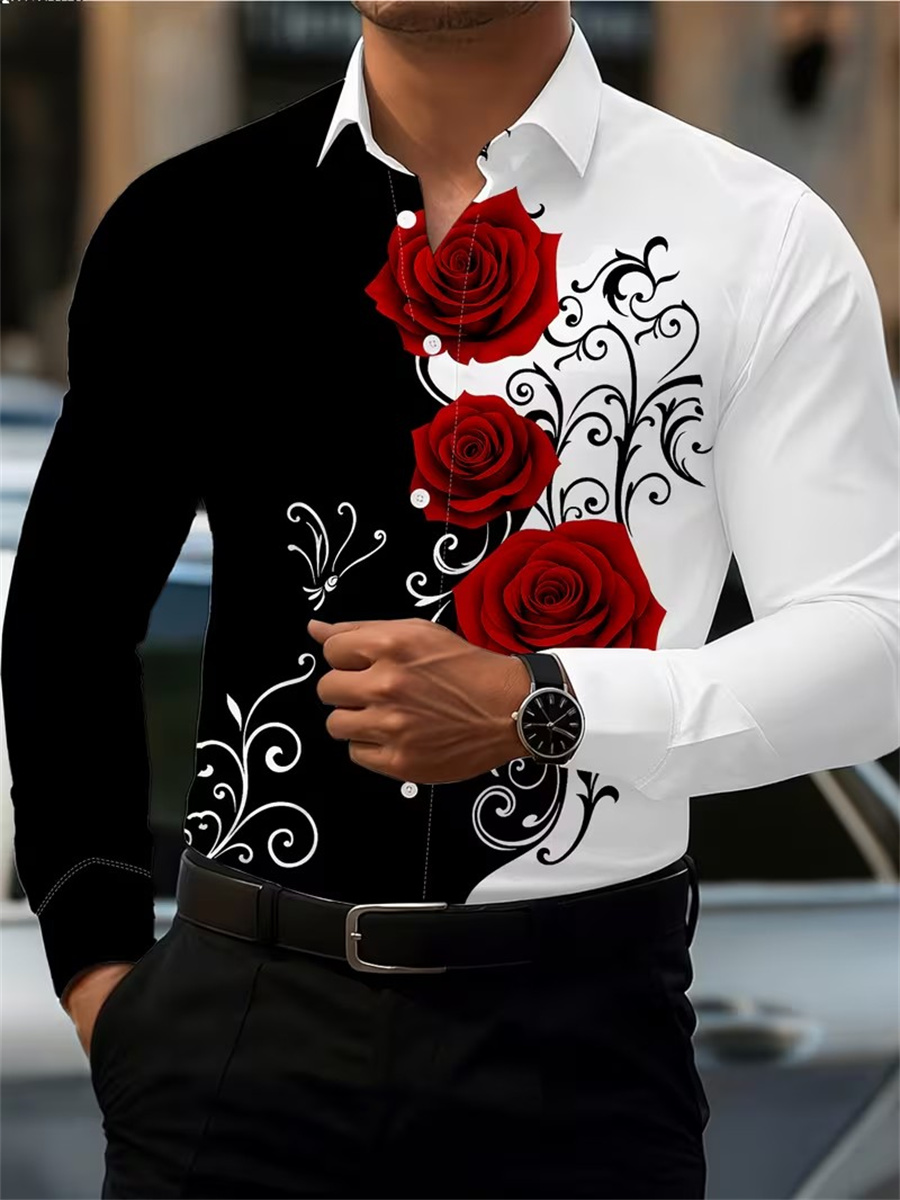 Men'S Fashion Tips - 남성용 레드 로즈 프린트 긴팔 셔츠,