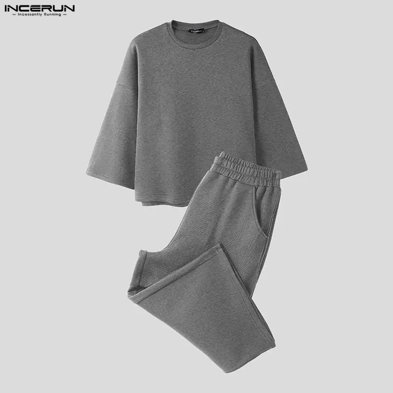 INCERUN 남성 세트 솔리드 컬러 배기 3/4 소매 - Men'S Fashion Tips 리뷰 및 가격