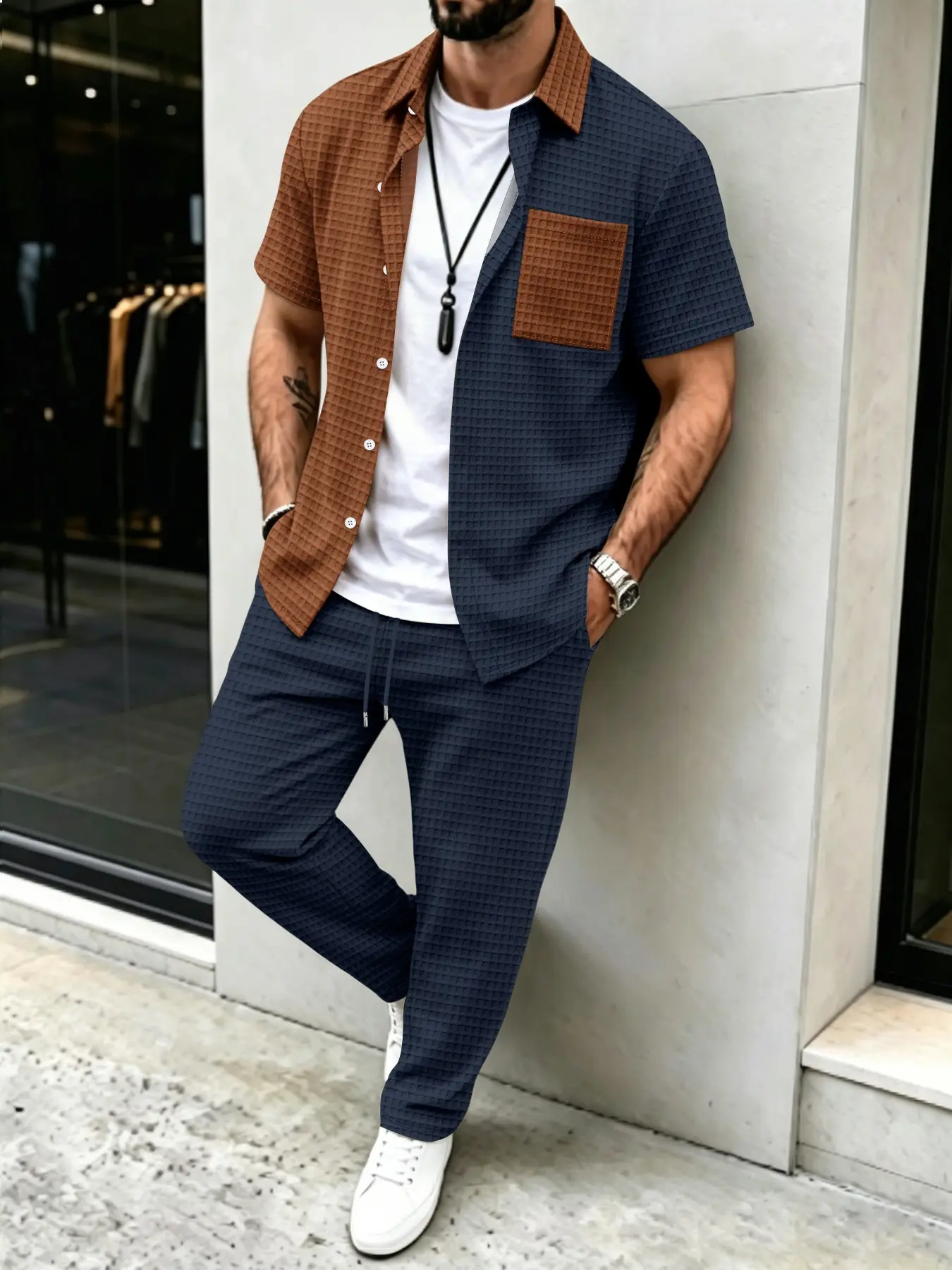 남성용 솔리드 와플 패턴 캐주얼, 컬러 블록 디자인 셔 - Men'S Fashion Everyday 리뷰 및 가격