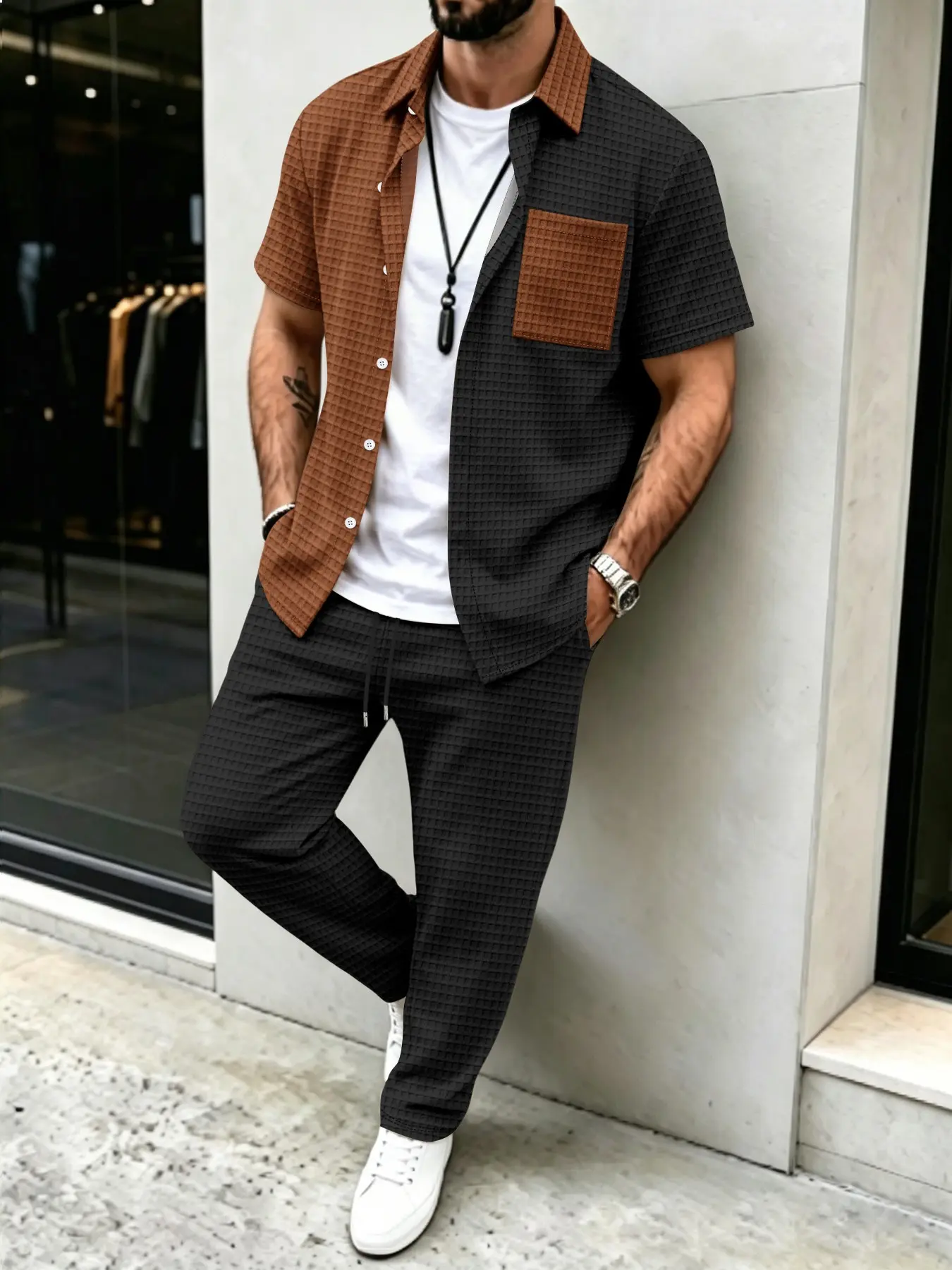 남성용 솔리드 와플 패턴 캐주얼, 컬러 블록 디자인 셔 - Men'S Fashion Everyday 리뷰 및 가격