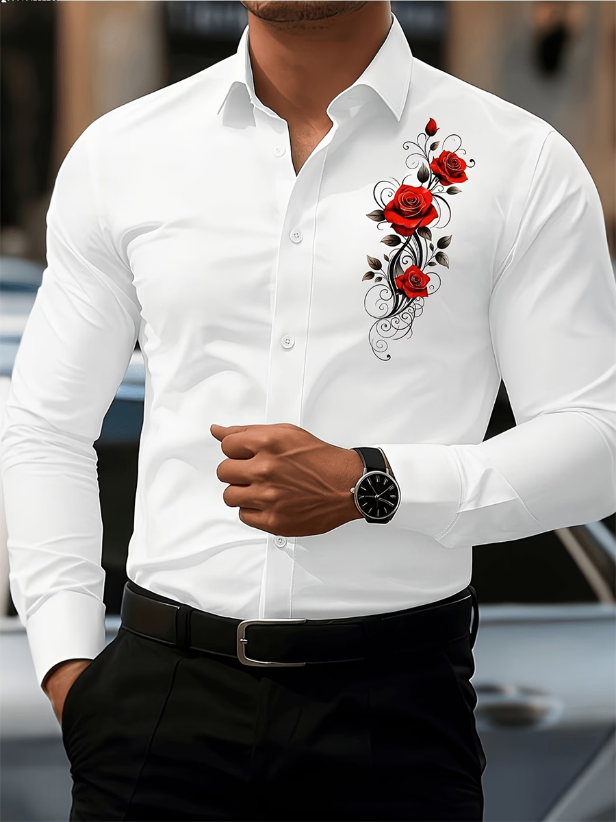 남성용 레드 로즈 프린트 긴팔 셔츠, 패셔너블하고 캐주 - Men'S Fashion Tips 리뷰 및 가격