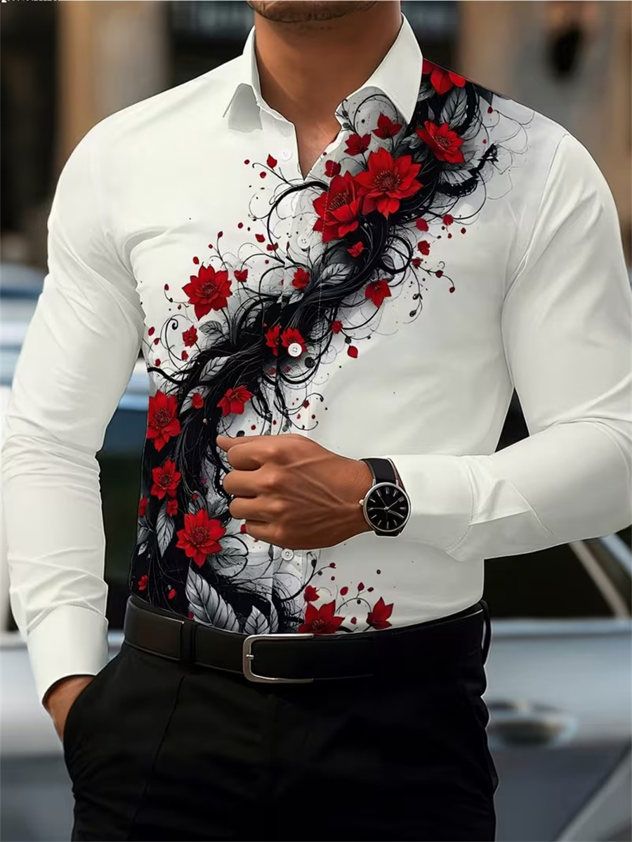 남성용 레드 로즈 프린트 긴팔 셔츠, 패셔너블하고 캐주 - Men'S Fashion Tips 리뷰 및 가격